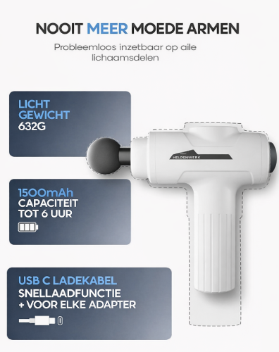 Heldenwerk Massagepistool – 6 opzetstukken, 3200 omw/min, USB-C, spiermassageapparaat – wit