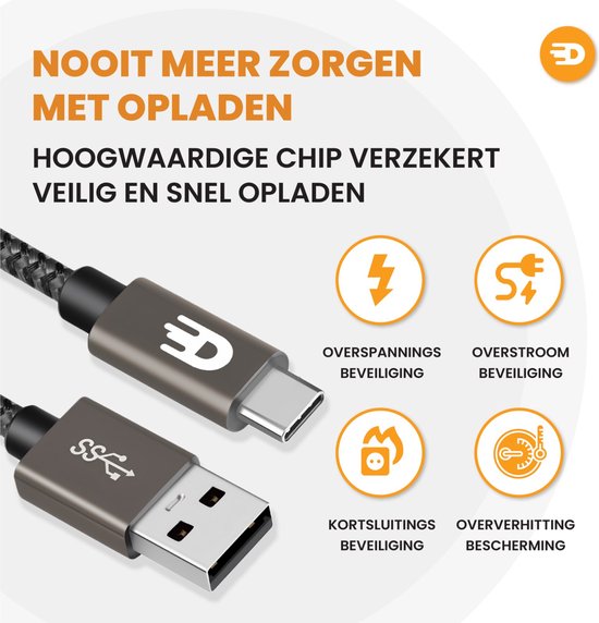 Drivv. USB naar USB C Kabel - Snellader - USB C Data en Oplaadkabel - 2 meter - Geschikt voor Samsung, iPhone 15 & Meer - Modern Grey