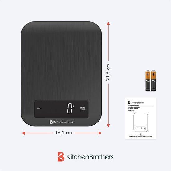KitchenBrothers Keukenweegschaal - Weegschaal Keuken - Digitaal - 1g tot 10kg - Inclusief Batterijen - RVS/Gunmetal Black