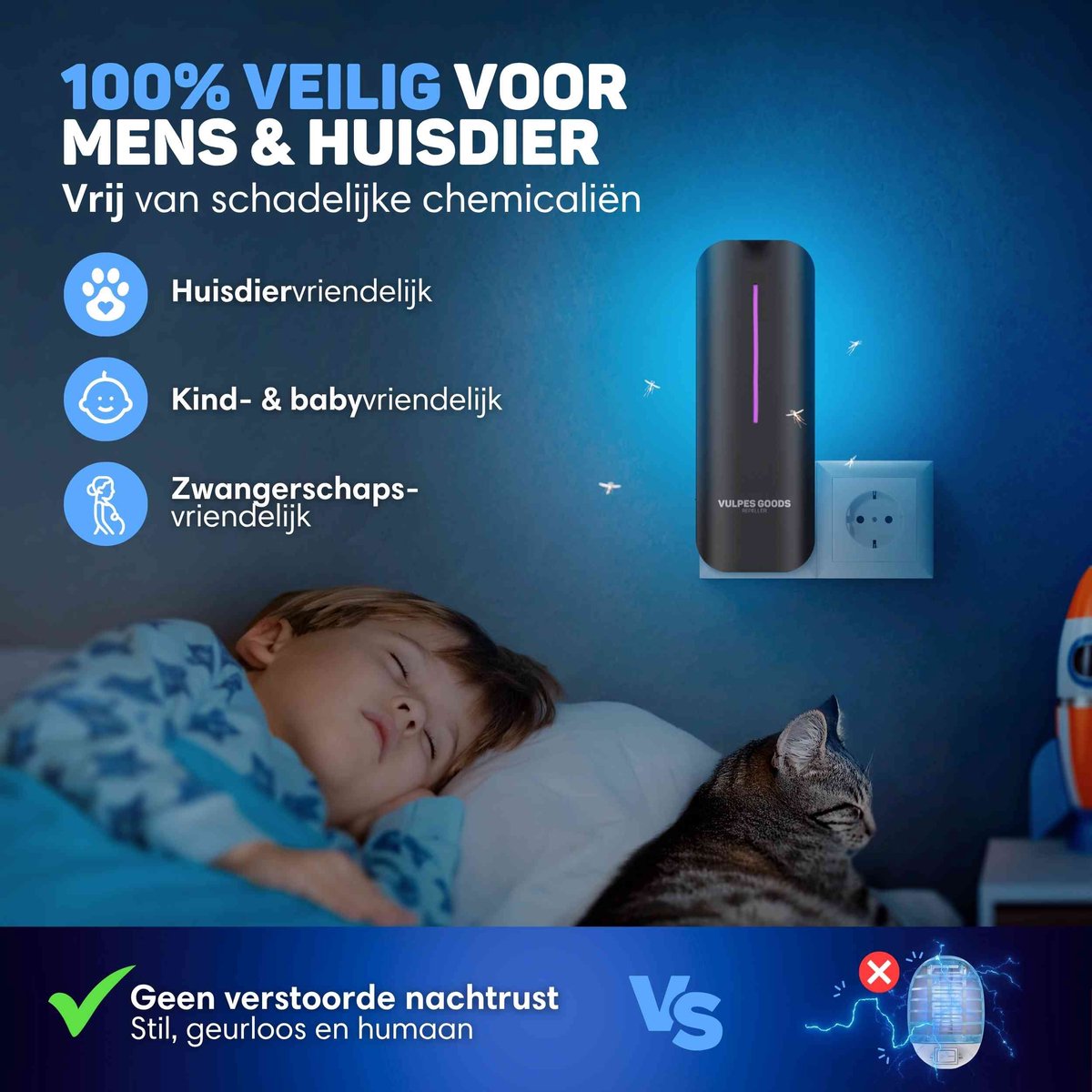 Vulpes Goods® Verjager Muggenlamp 9x9x25cm – Grijs – UV-LED Vliegenlamp met Plakstrip – Stil, Geurloos & Gifvrij – Inclusief 10 Navulbare Lijmplaten – Voor Binnengebruik