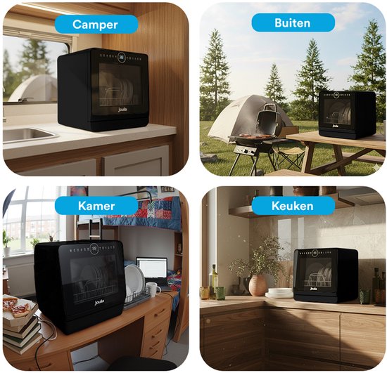 Joula Mini Vaatwasser met Waterreservoir - 8 Wasprogramma's - 5 Couverts - Kleine Smalle Vrijstaande Afwasmachine - Camping - Zwart
