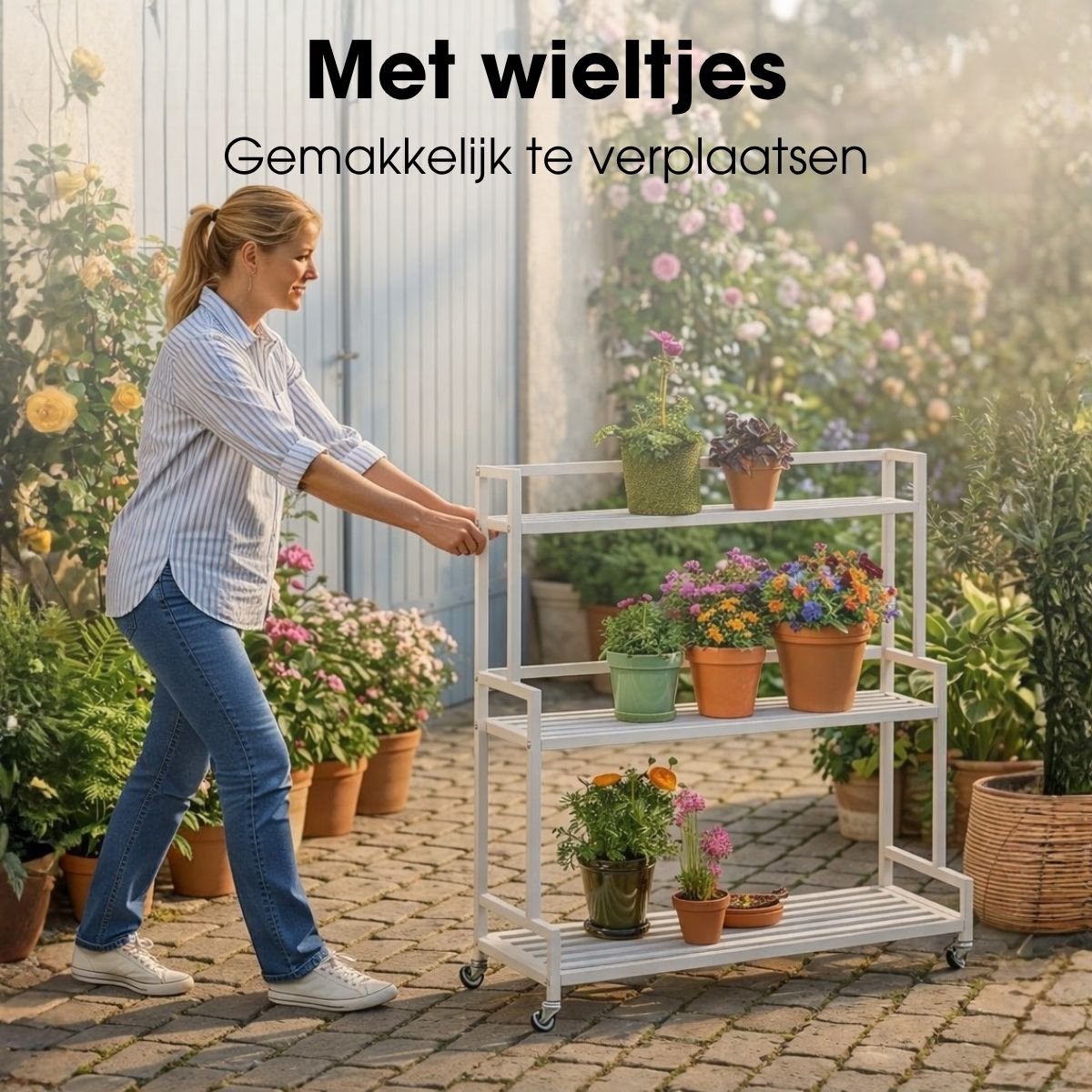 Mica Decorations Greenrax Plantenrek op Wielen - Meerdere Plateaus - 80 x 35 x 100 cm - Gebroken Wit