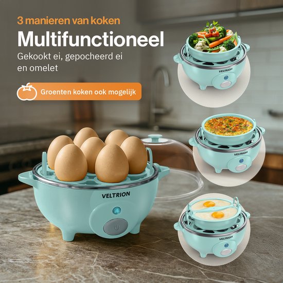 Veltrion Elektrische Eierkoker - Kook tot 7 Eieren - Koken, Pocheren, Roerei & Omelet - Incl. Timer en Slimme Maatbeker - Vaatwasserbestendig - Blauw