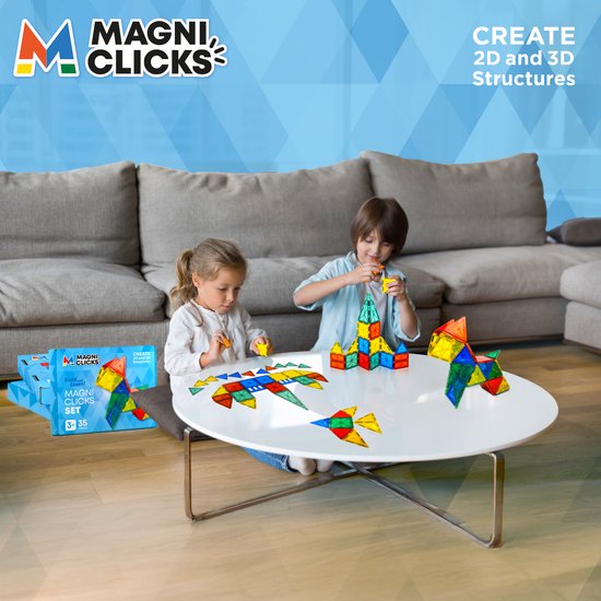 MagniClicks Magnetic Tiles 35 stuks - Magnetisch Speelgoed - Montessori - Magnetische Tegels - Bouwblokken