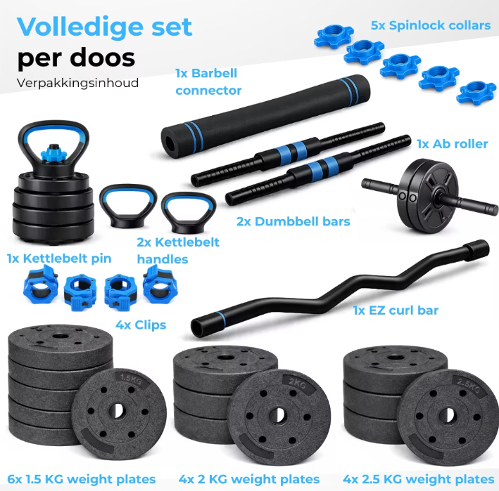 Organess Modulaire Halterset 28,5 kg - Verstelbare Dumbbell & Barbell Set met Kettlebell en Ab Roller - Zwart