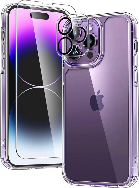 Podec Hoesje Transparant - Bundel met 2x Screenprotector + 2x Cameraprotector - Telefoonhoesje met Beschermglas - Case Doorzichtig - Geschikt voor iPhone 14 pro max