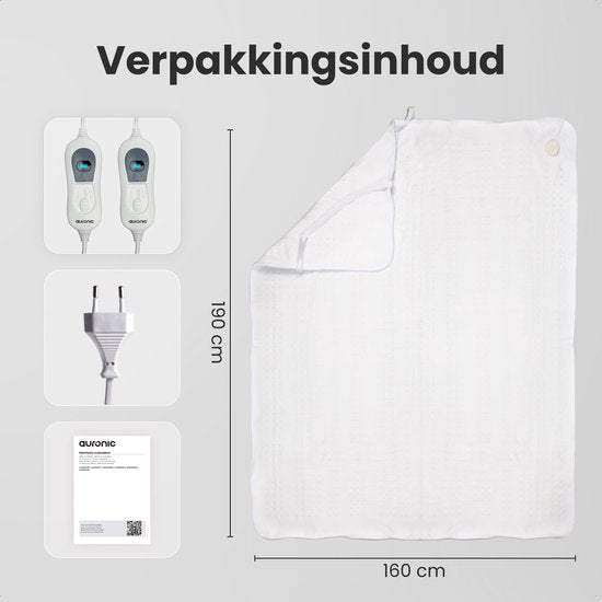 Auronic Elektrische Onderdeken XL – 2 Persoons – 190×160 cm – 3 Warmtestanden – Automatische Uitschakeling – Elastische Hoeken – Wit