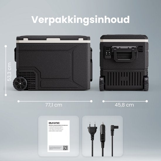 Auronic Elektrische Koelbox - Compressor - 80L - 12V en 240 volt - Camping Koelkast - Frigobox Auto - Met Wielen en Hendel - Zwart