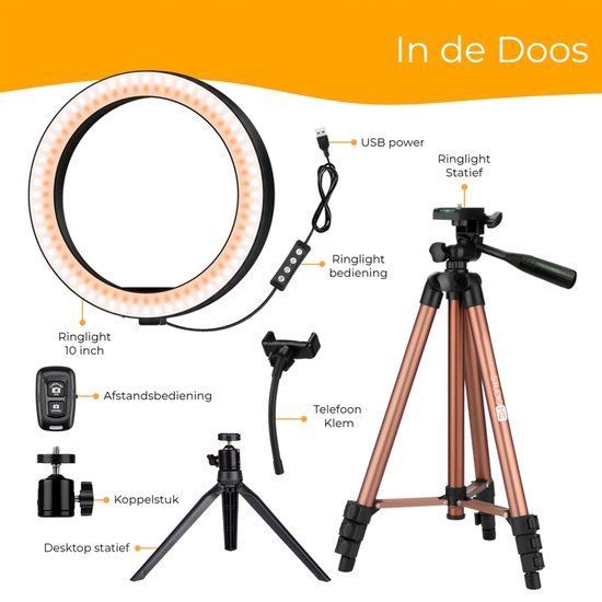 Studio ME Ringlamp met Statief - 10 inch / 26 cm - Ring Light - Rosegoud - Tiktok Lamp - Ringlight met Statief - 30 Lichtstanden - Ring Lamp - Incl. Afstandsbediening & Mini Tripod - Ringlampen