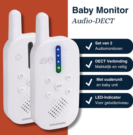 Grundig DECT Audio Babyfoon - Baby Monitor met 150M bereik - Ouder- en Babyunit - met LED Geluidsindicatie en Terugspreekfunctie - Babykamer Accessoires - Wit