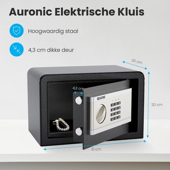 Auronic Elektronische Kluis - Cijferslot - Sleutel - Muurbevestiging - 4,3cm Deur - 130dB Alarm - 8L - 31x20x20cm - 4,5KG - Staal - Zwart