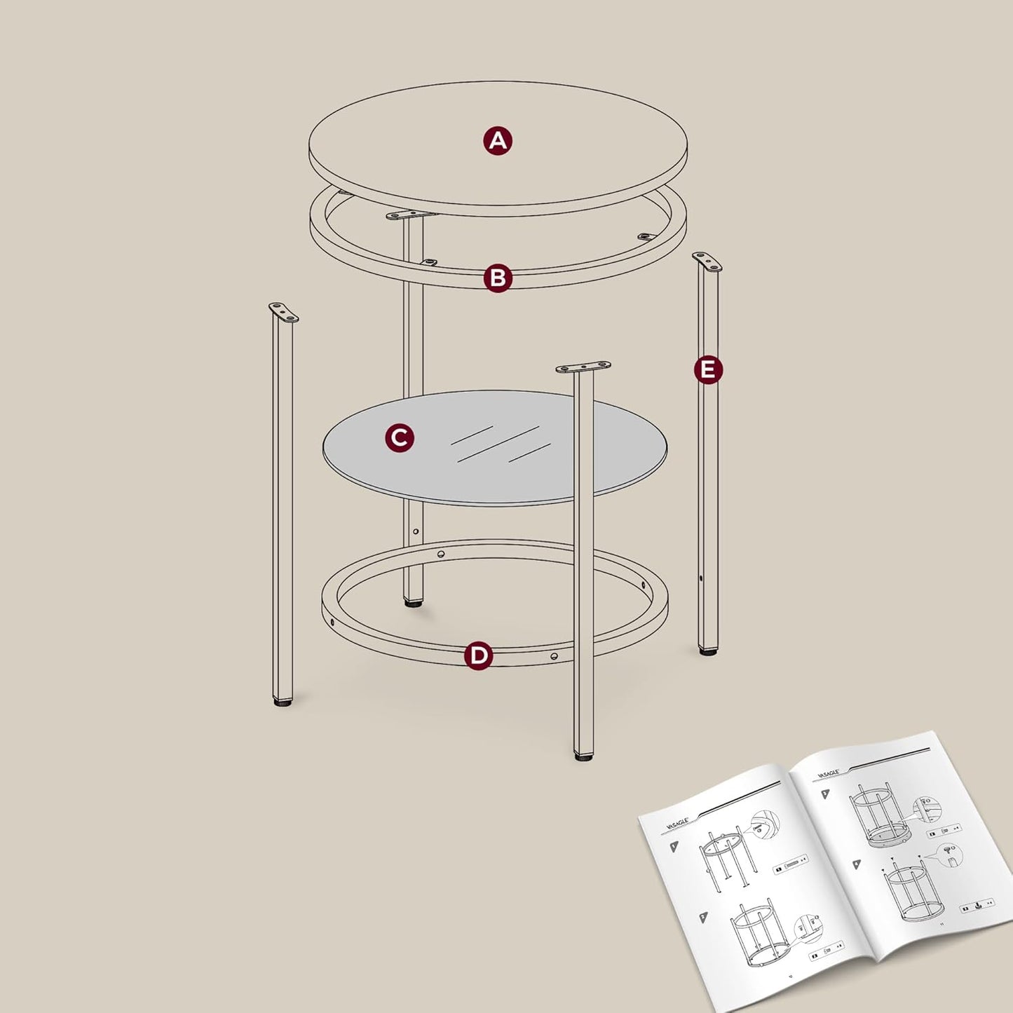 Vasagle Ronde Bijzettafel met 2 Niveaus - Marmerzwart Tafelblad - Inktzwart Stalen Frame - Gehard Glas - Ø45 x 55 cm