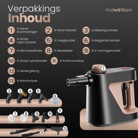 FLOWSTEAM® Compact 12-in-1 Handstoomreiniger - 4 Bar & 110°C Stoom - Stoomreiniger – Vlekkenreiniger - Handstomer - Voor Badkamer, Keuken, Bank & Meubels