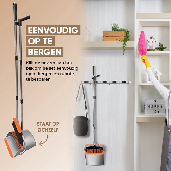 TTD® Stoffer en Blik met Lange Steel XXL - Verstelbaar 54-263 cm - Bezem - Bezemsteel - Grijs & Oranje - Veger en Blik - Vuilblik voor Binnen en Buiten - Ingebouwde Schoonmaaktanden