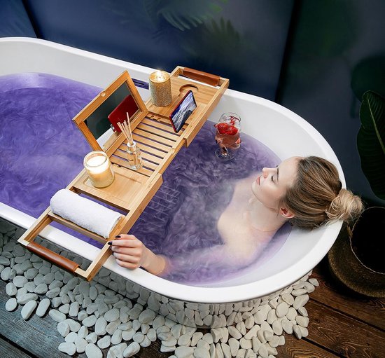 RelaxTub® Badplank - Badplank voor in Bad - Badrek - Verstelbaar - Anti Slip - Badplank Bamboe - Badplank Hout - Badrekje inclusief Boekenhouder, Tablethouder & Spiegel
