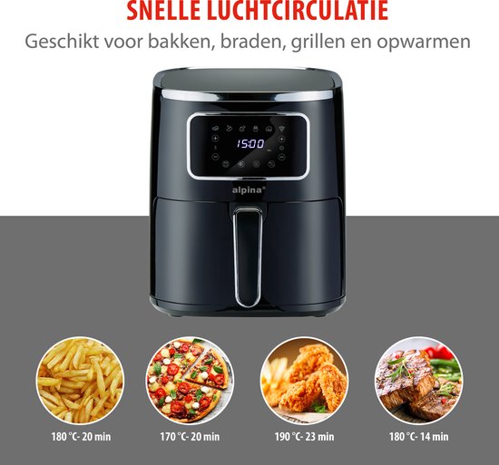 alpina Airfryer 4.5L- Heteluchtfriteuse voor 3 tot 4 Personen - Air Fryer met Digitaal Display - Instelbare Temperatuur van 80°C tot 200°C - Timer tot 60 Minuten - Hetelucht Friteuse 1450W