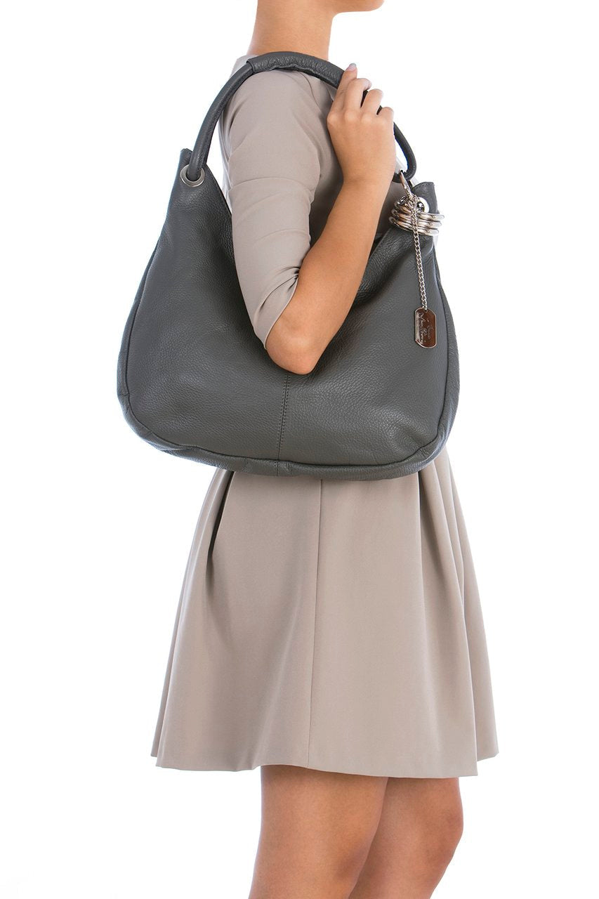 Anna Morellini Alba Hobo Bag - Echt Runderleer - Ash - 38 x 34 x 10 cm