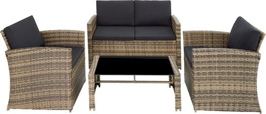 tectake® - Wicker zitgroep tuinset loungeset Lucca - bank/2 stoelen/tafel met glasplaat - natuurkleur - 404916 - poly-rattan