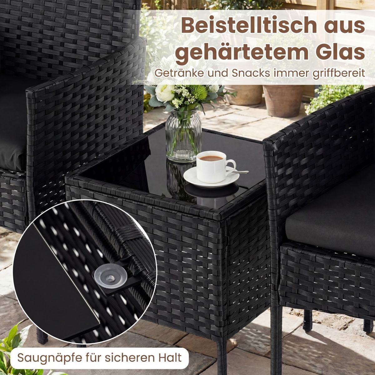 Coast 3-delige tuinset - 2 stoelen en tuintafel - handgevlochten rattan - zwart