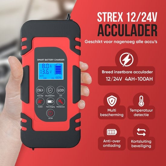 Strex Acculader 12/24V – 4/6/8A, Druppellader & Reparatiemodus – Voor Auto, Motor, Scooter, Boot & Camper