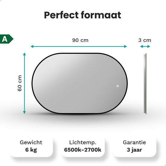 Mirlux Badkamerspiegel Ovaal 90x60 cm – LED Verlichting & Verwarming – Anti-Condens Douchespiegel – Zwart