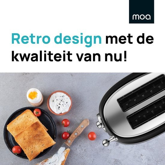 MOA Retro Broodrooster - 6 Warmteniveaus - 2 Extra Brede Sleuven - 850W - Reheat en Ontdooi-functie - Zwart - T3B