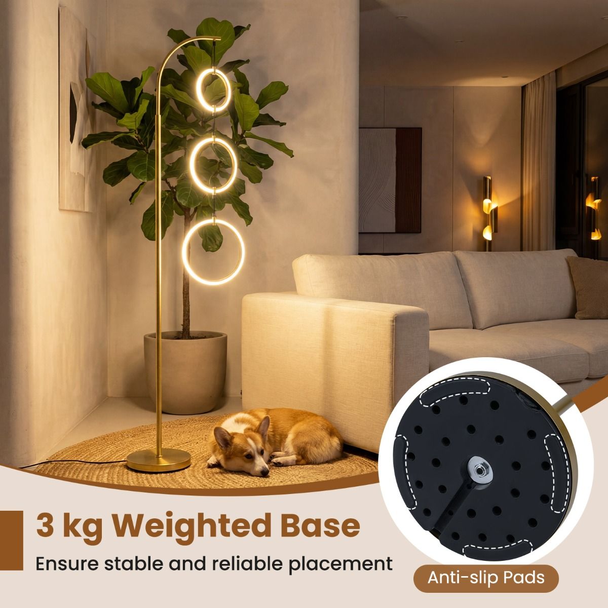 Coast Staande Lamp - dimbaar met voetschakelaar - 3 LED-lichtringen - goud