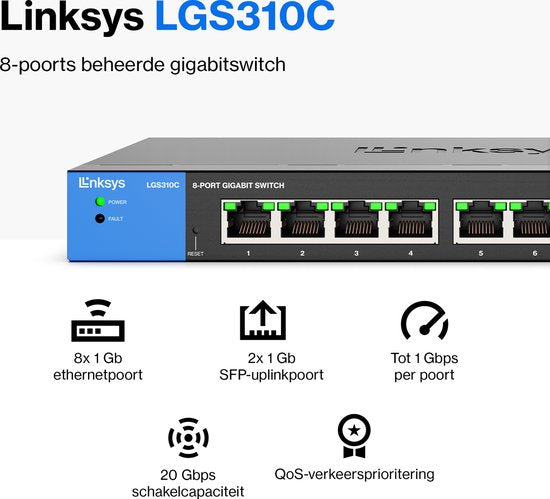 Linksys LGS310C - Netwerk Switch - Managed - 8-Poorten - 2 SFP Poorten- Zwart