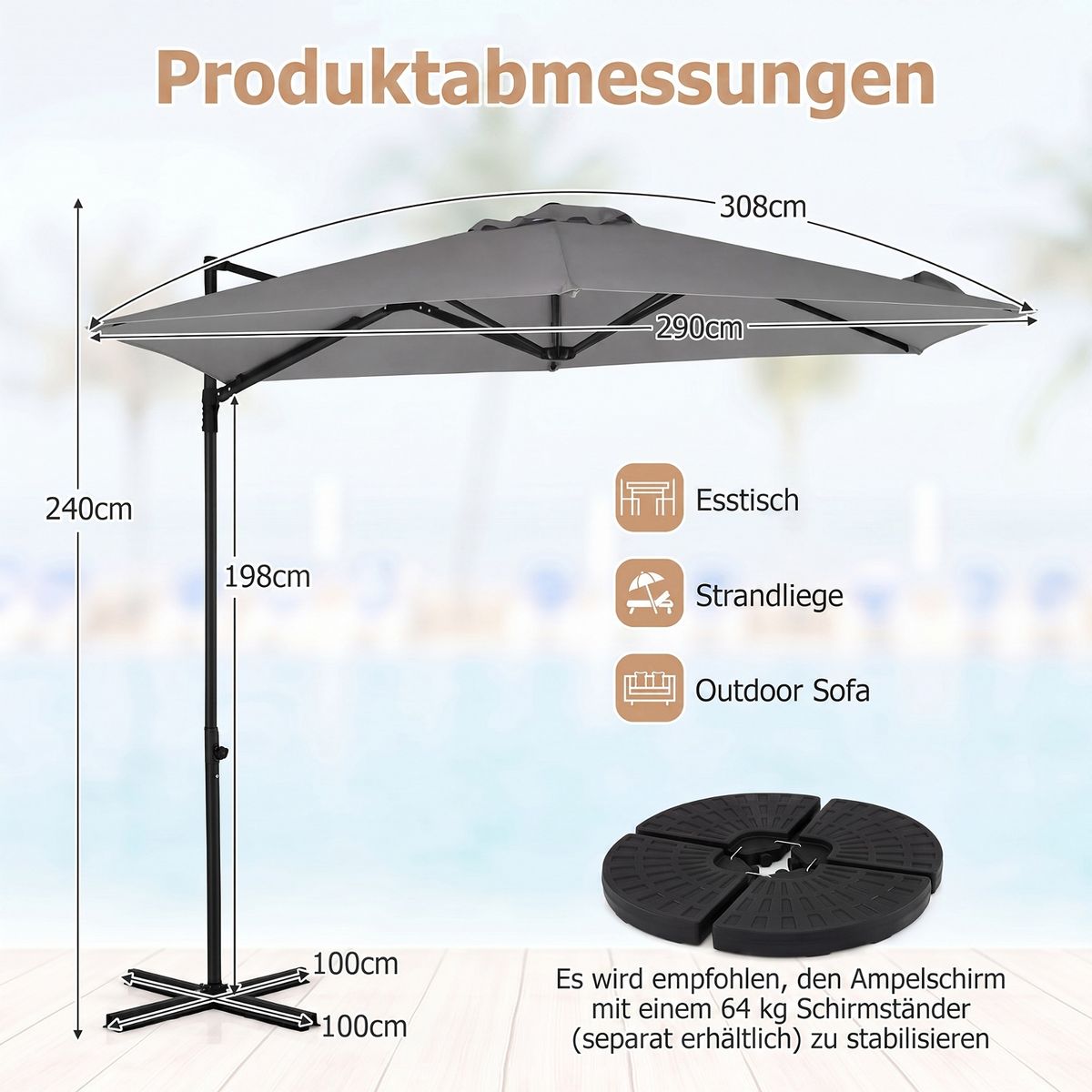Coast Zweedse Parasol - 360° draaibaar - dubbel dak - beige - 290 cm