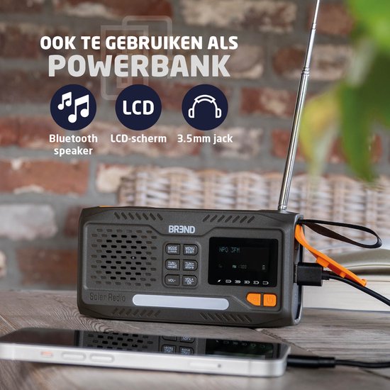 BREND BR-2244 Noodradio met DAB en FM - Bluetooth Speaker - SOS-Alarm - Powerbank - LED-Zaklamp - USB-C - Oplaadbaar met Zonnepaneel en Zwengel