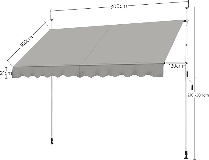 Yaheetech Uitschuifbaar Zonnescherm 300 cm - Lichtgrijs - Verstelbare Luifel zonder Boren voor Balkon en Terras