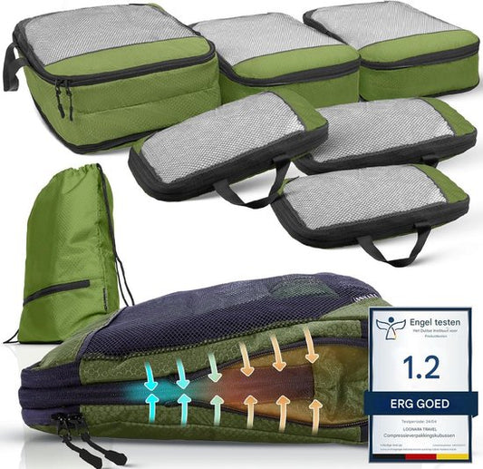 Packing Cubes met compressie voor koffer en rugzak incl. pakzak, Olive Odyssey - Groen