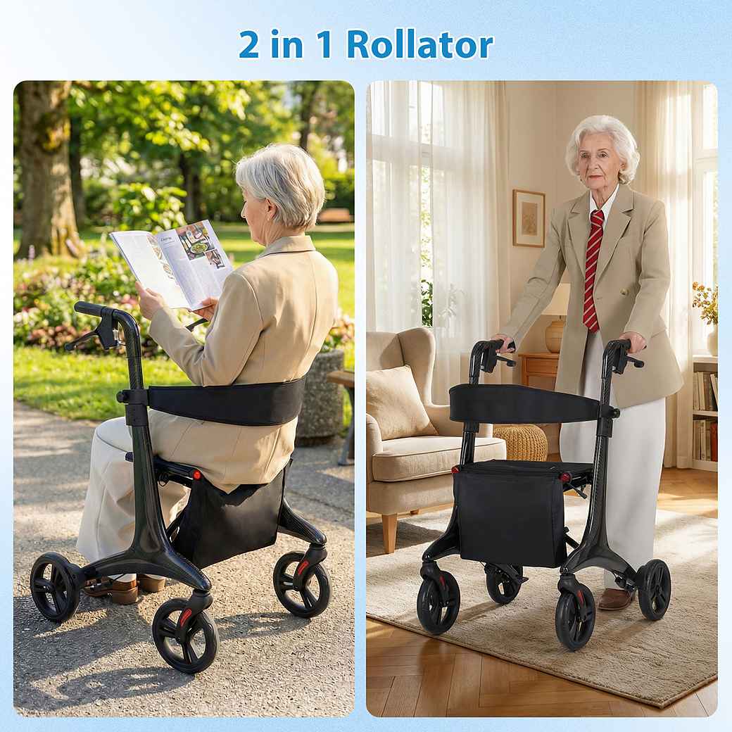 Coast Opvouwbare Rollator zwart – Ultralichte Carbon Loophulp met Zitje – 78 x 62 x 86-99 cm
