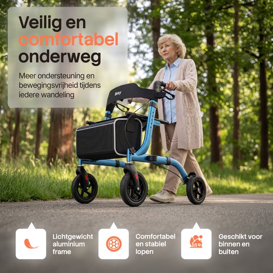 Brixy Rollator - Lichtgewicht & Opvouwbaar - 360° Rubberen Wielen - Zitfunctie - Binnen & Buiten - Rugleuning, Tas & Wandelstokhouder - Blauw