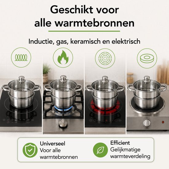 Aviro Stoompan - Glazen Deksel - 3,1L - 20 CM - Inductie En Gas - 3-Delige Rijst- En Groentestomer - RVS