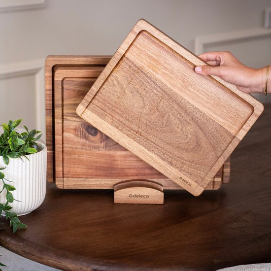 Deleca 3x Snijplankenset Culina - Dikte 3 cm - Snijplanken (33x25 / 38x28 / 43x30 cm) - Met Houder - Voor Keuken, Serveerplank, Kaasplank, Borrelplank, Snijplank en Tapasplank - Acacia Hout