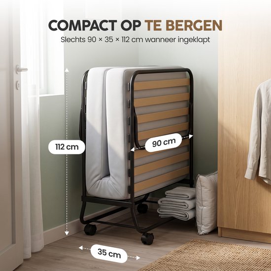 Infinity Goods Opklapbed Comfort 90 x 200 CM - Logeerbed - 1 Persoons - Vouwbed - Matras & Lattenbodem - Incl. Beschermhoes