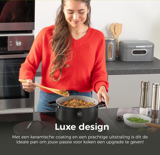 BE Living Essential Braadpan met Deksel - Ø 24 cm - Kookpan - Keramisch - PFAS vrij - Inductie - Zwart