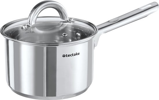 tectake® Pannenset - RVS - Geschikt voor inductie, gas en elektrisch koken - 15-delig - Vaatwasmachinebestendig - Voor thuis of camping - Pannen met deksels
