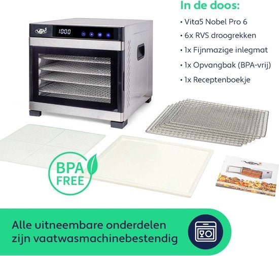 Vita5 Nobel Pro 6 Voedseldroger - Dehydrator 6 Laags - Droogoven RVS - 24-Uurs Timer - Led-bedieningspaneel - 650 Watt