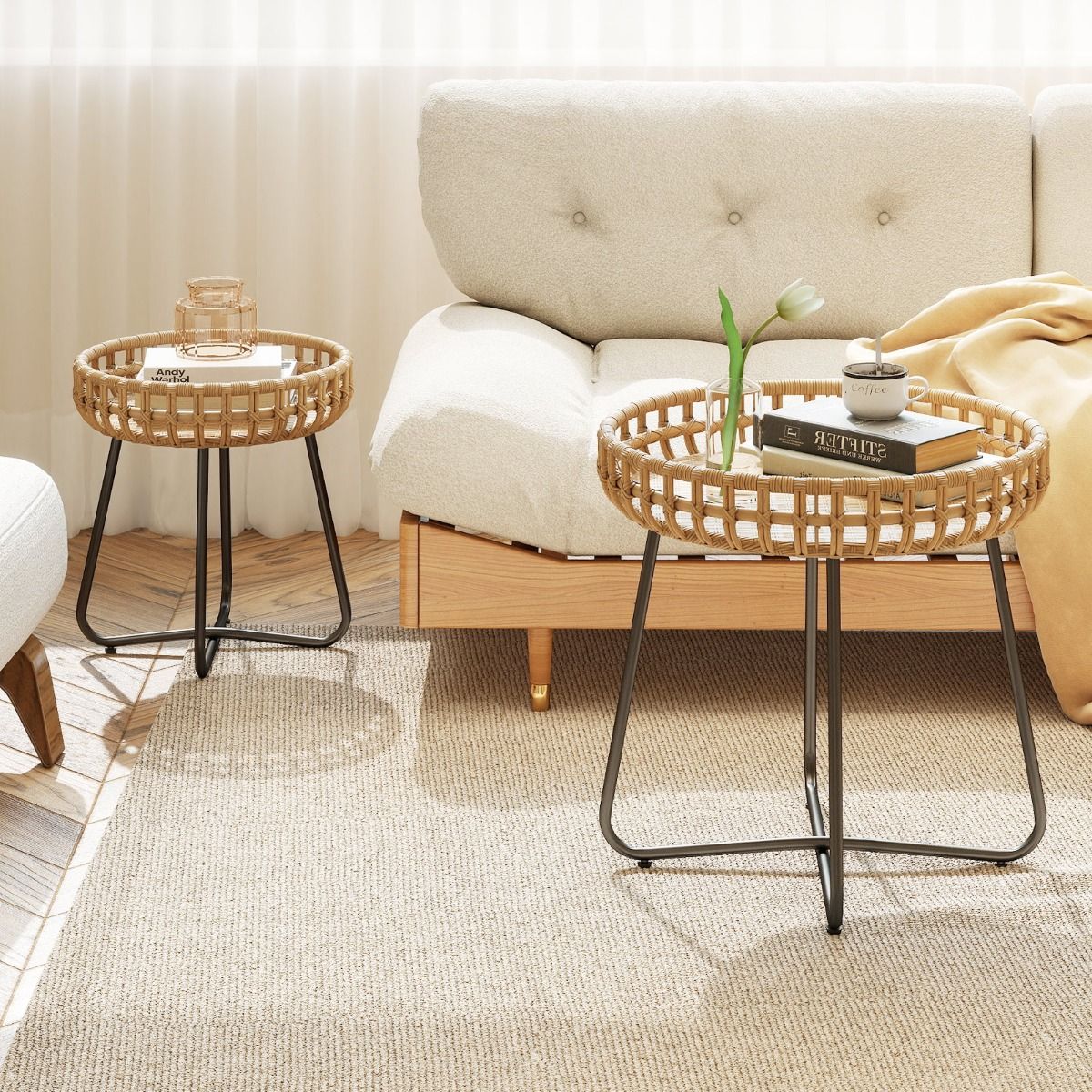Coast Set van 2 Ronde Salontafels - Handgeweven rotan - Metalen onderstel - Bruin en zwart