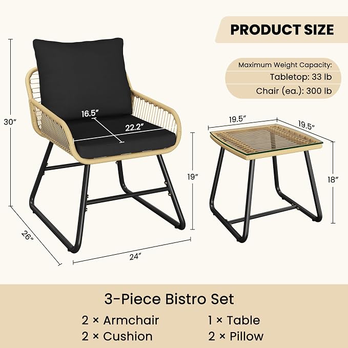 Yaheetech 3-delige Bistroset Tuin - Beige/Zwart - Rotan Tuinset met Glazen Tafel en 2 Stoelen