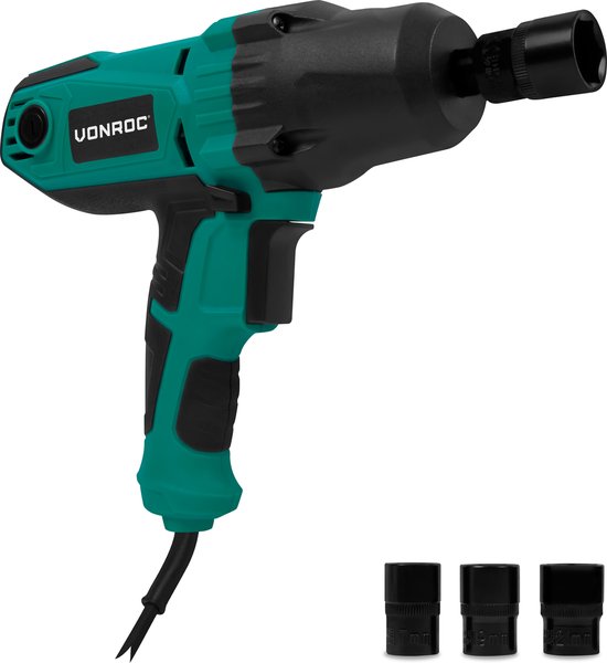 VONROC Slagmoersleutel 450W - 350Nm - 1/2” opname - Incl. 4 moerdoppen - 3m kabel - Soft Grip – geschikt voor banden verwisselen