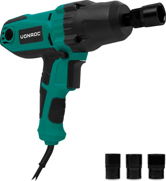 VONROC Slagmoersleutel 450W - 350Nm - 1/2” opname - Incl. 4 moerdoppen - 3m kabel - Soft Grip – geschikt voor banden verwisselen