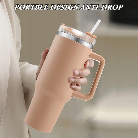 Merkloos Thermosbeker 1200ml RVS met Riet & Handvat - Nude