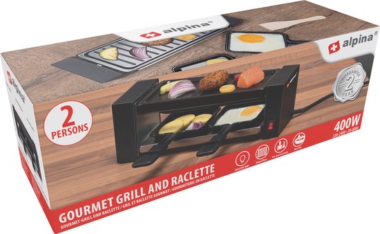 alpina Raclette Gourmet Set - 400 W -Raclette en Grill - Anti-Aanbaklaag - RVS - Makkelijk Meenemen - Zwart