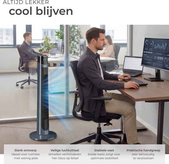 tectake® Torenventilator Arktis - Grote Staande Ventilator met Afstandsbediening - 3 Standen - Timer - 90° Zwenkfunctie - Oscilerend - Waaier - Kolomventilator - Antraciet