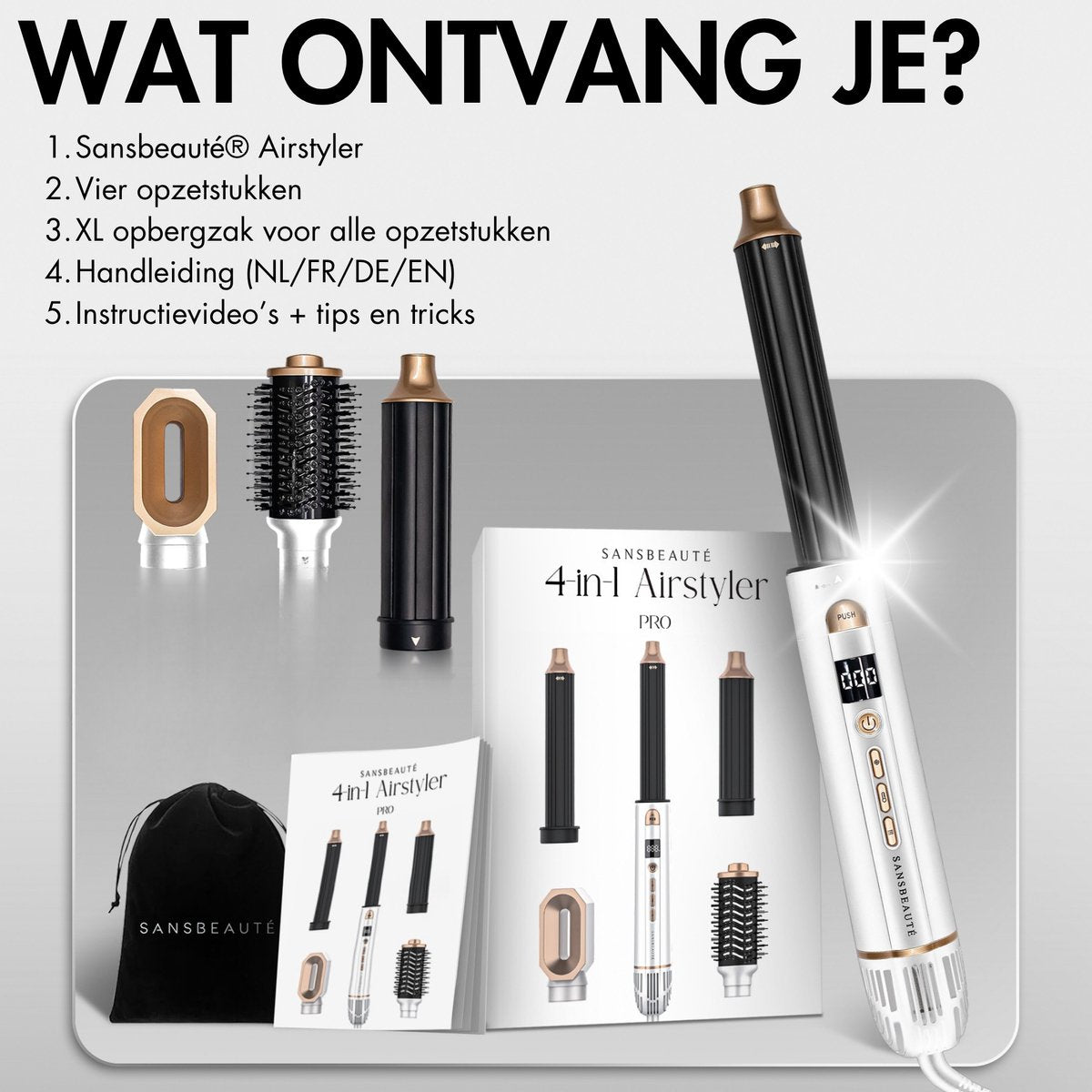 Sansbeauté 4-in-1 Airstyler - Multistyler - Föhnborstel - Krulborstel - Stijlborstel - 1400W - Ionentechnologie - Wit/Goud