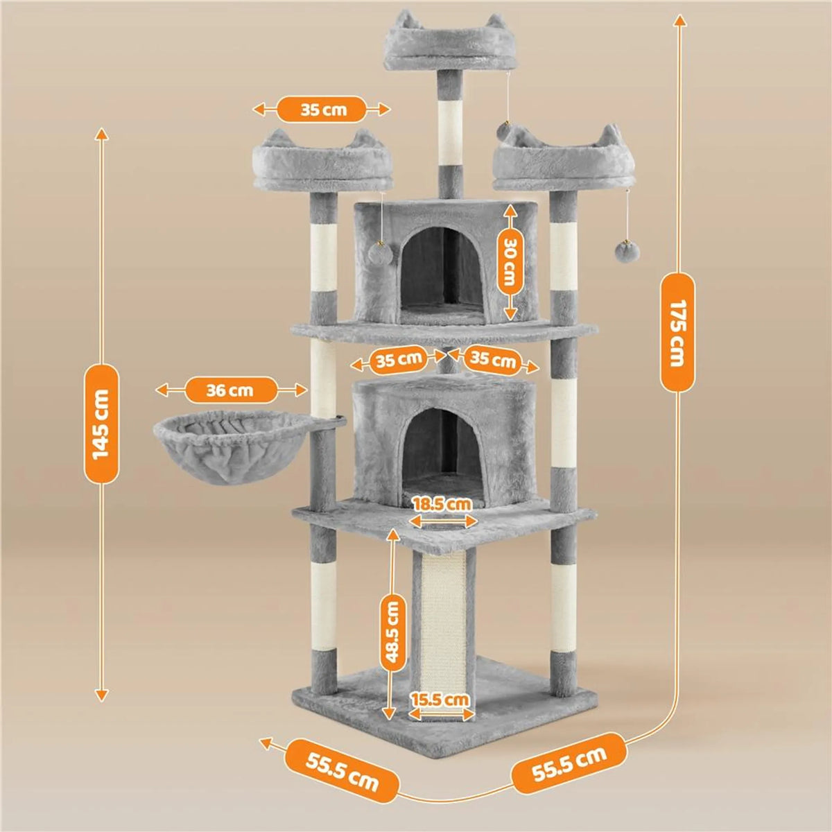 Yaheetech Krabpaal XXL Met 3 Uitkijkplatformen – Voorzien Van 2 Kattenholen En Krabplank En Anti-kantelsysteem – Voor Huishoudens Met Meerdere Katten – Lichtgrijs Pluche En Sisal – 55,5 x 55,5 x 175 cm