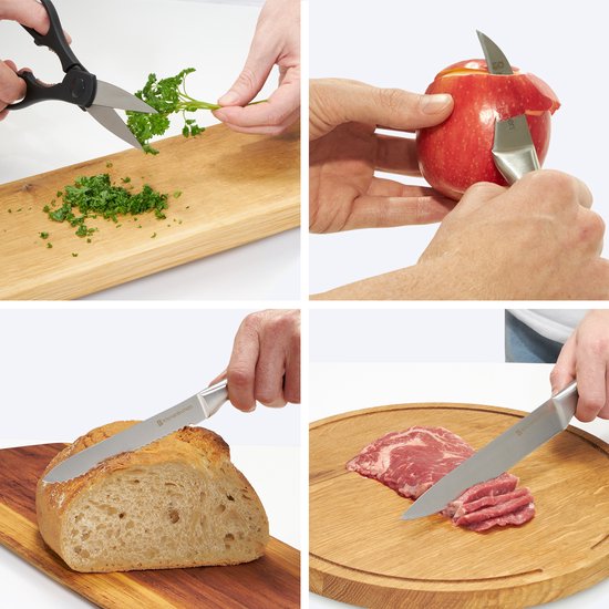 KitchenBrothers Messenset - Messenblok - 16-Delig - met Schaar en Aanzetstaal - Zilver/ RVS